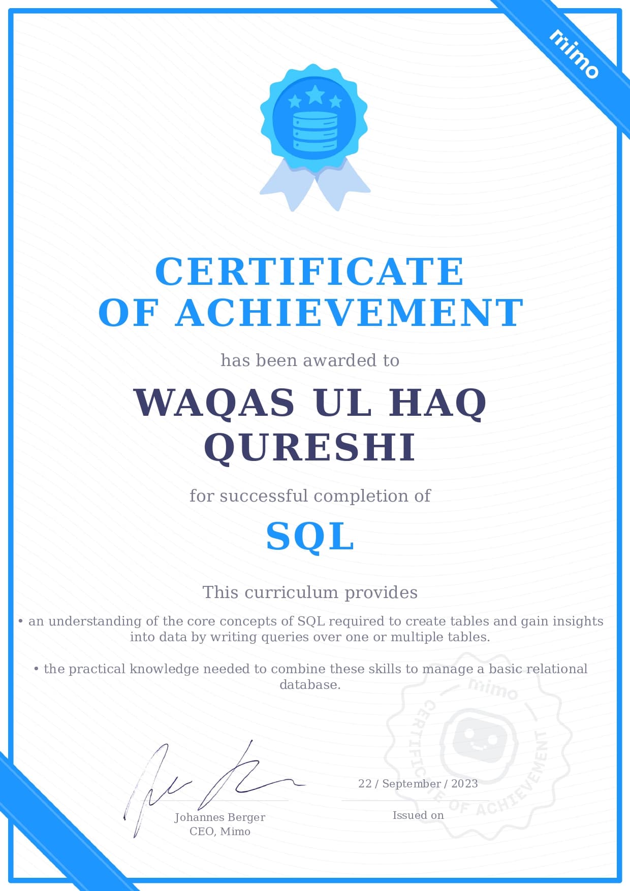 Certificate from Mimo