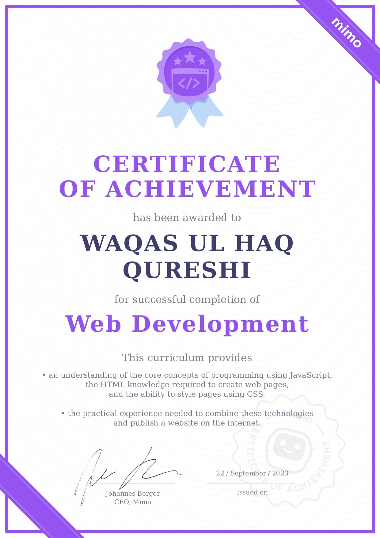 Certificate from Mimo